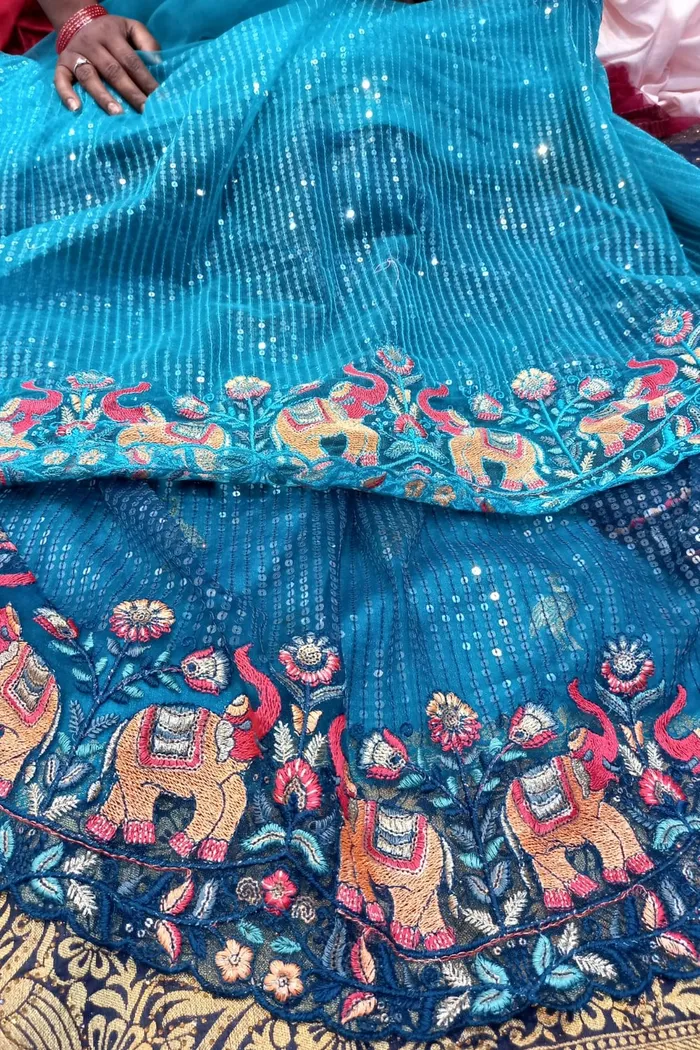 Teal Sequin Saree With Elephant Embroidered Border