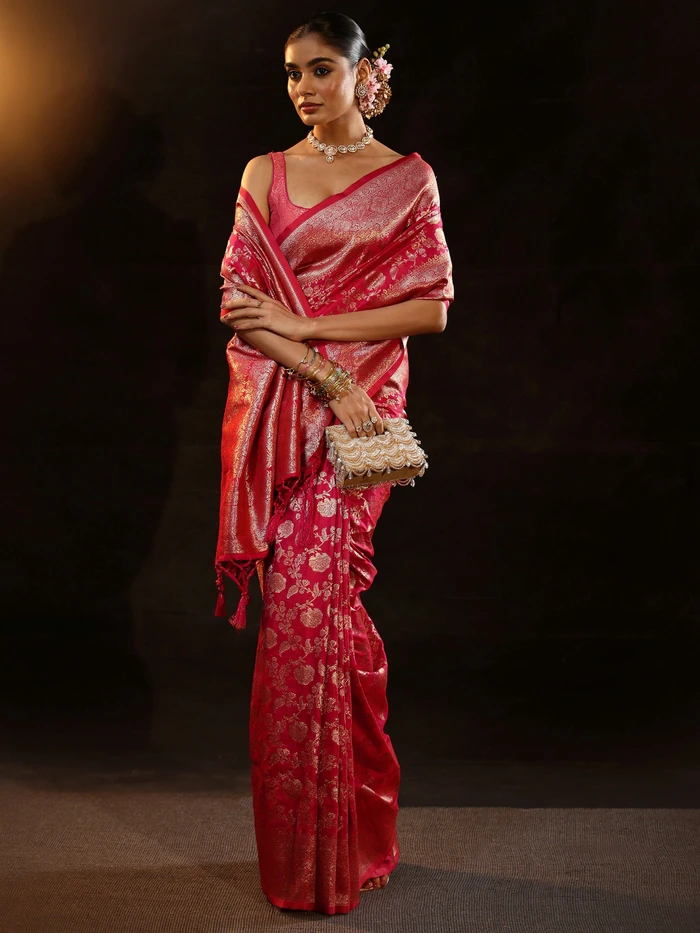 Libas Rani Pink Banarasi Silk Blend Saree