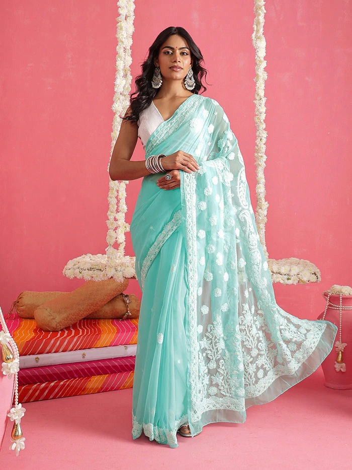 Ada Hand Embroidered Sea Green Faux Georgette Lucknowi Chikankari Saree With Blouse A311397