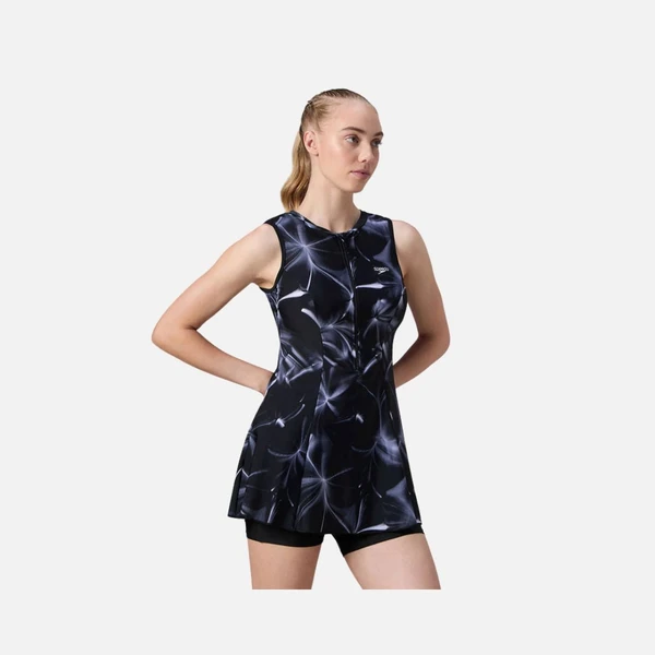 Speedo Women's Endurance10 Printed Closedback Swimdress With Boyleg - Black & Grey