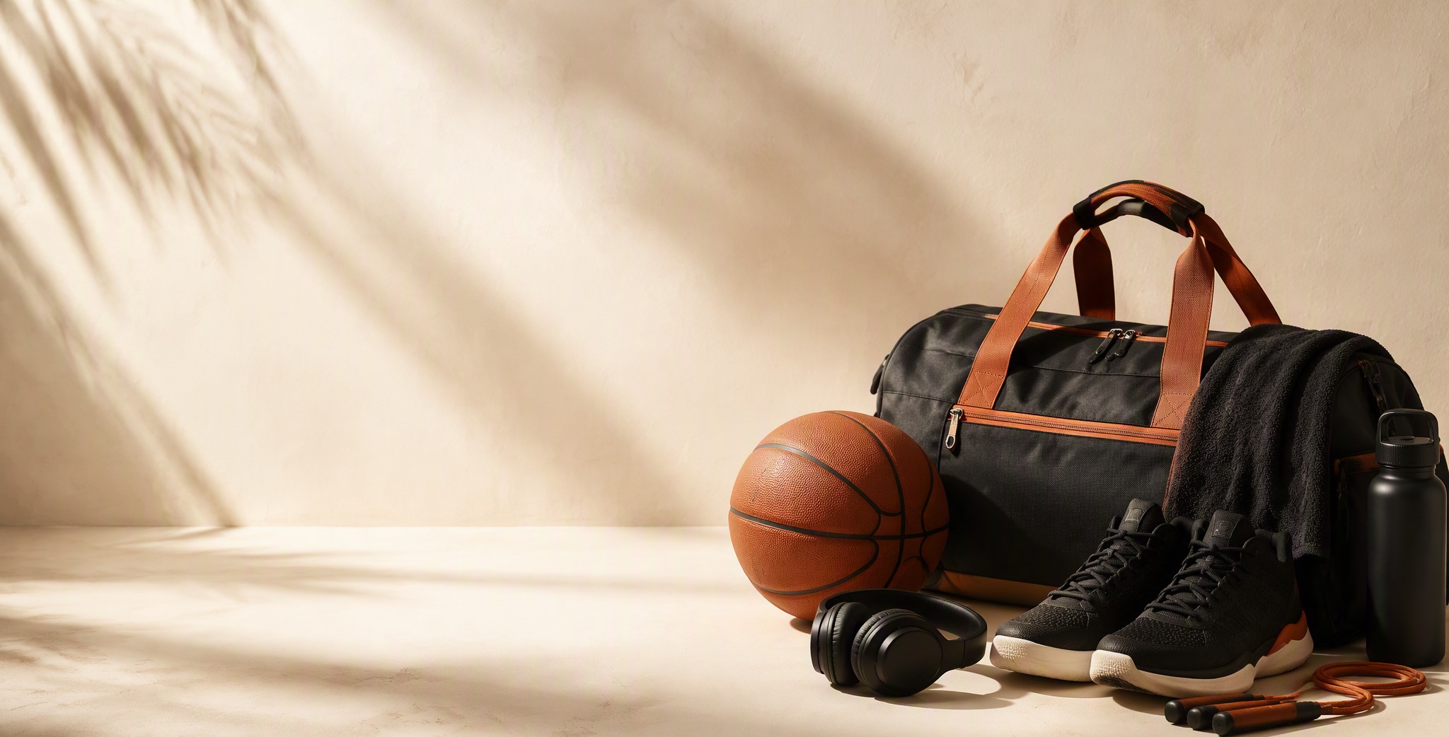 Sports duffel bag, basketball and accessories