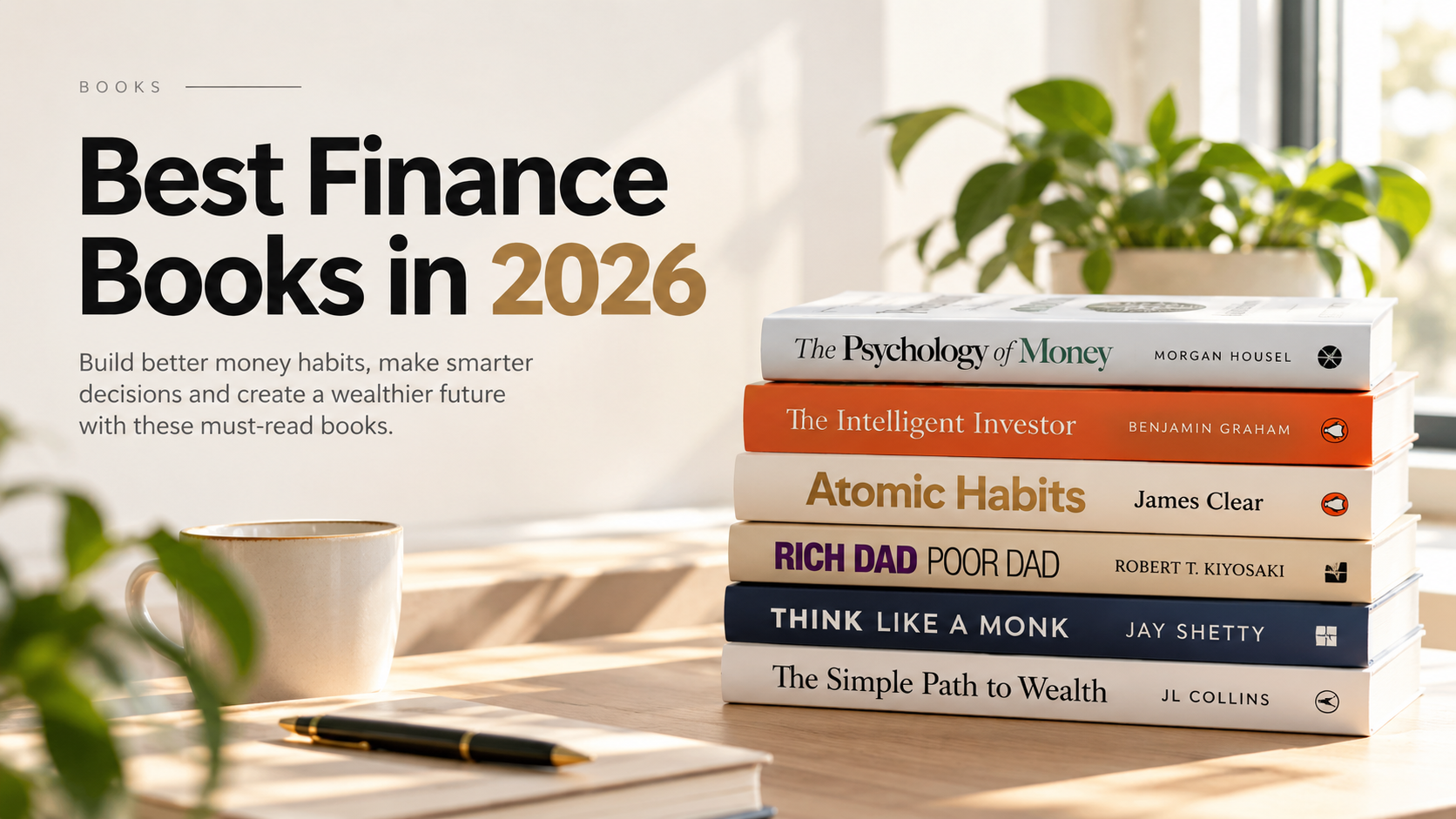 Stack of best finance books including The Psychology of Money, The Intelligent Investor, Atomic Habits, Rich Dad Poor Dad, Think Like a Monk and The Simple Path to Wealth