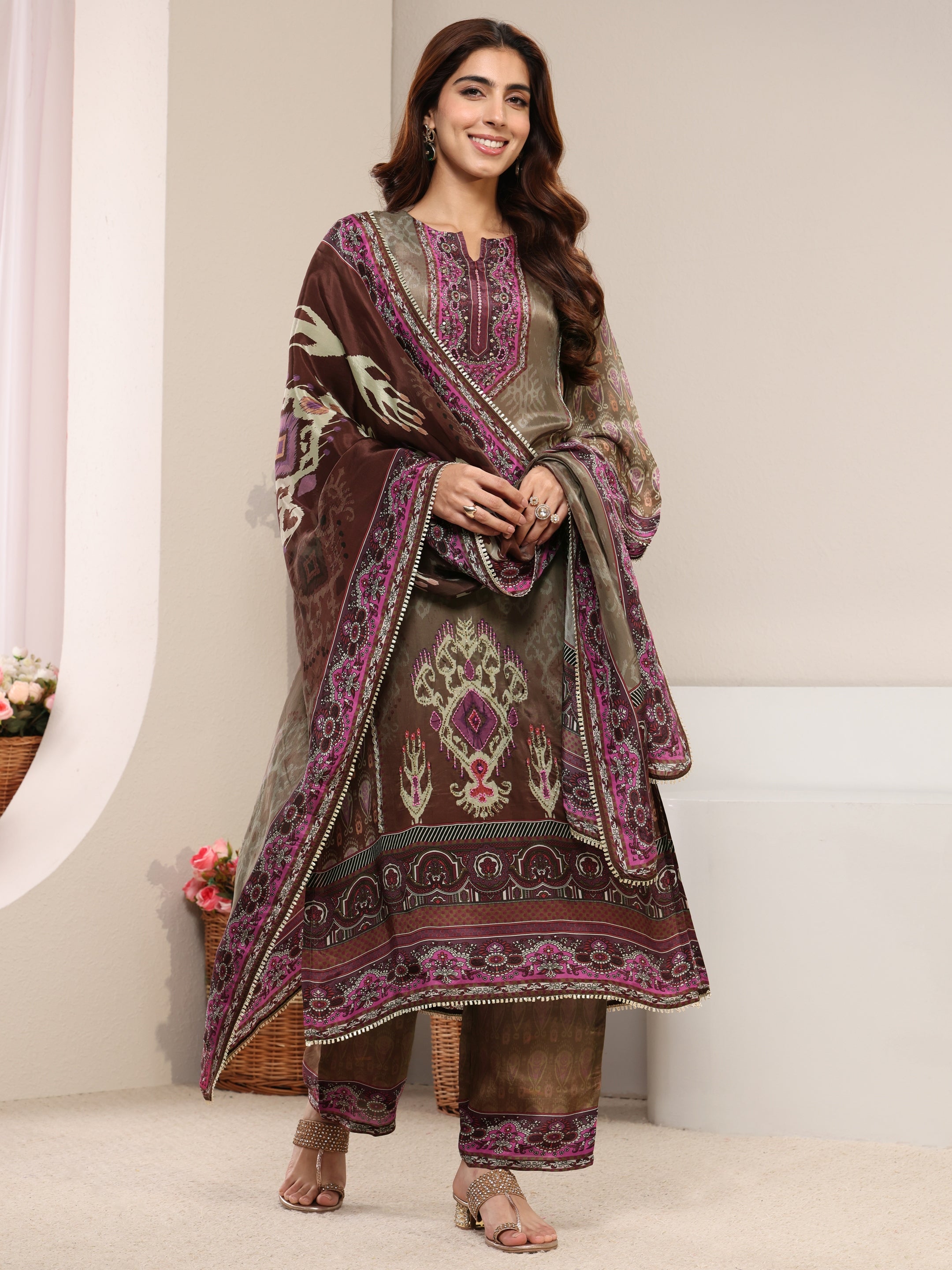 Taupe Ethnic Printed Crepe Straight Suit Set With Dupatta