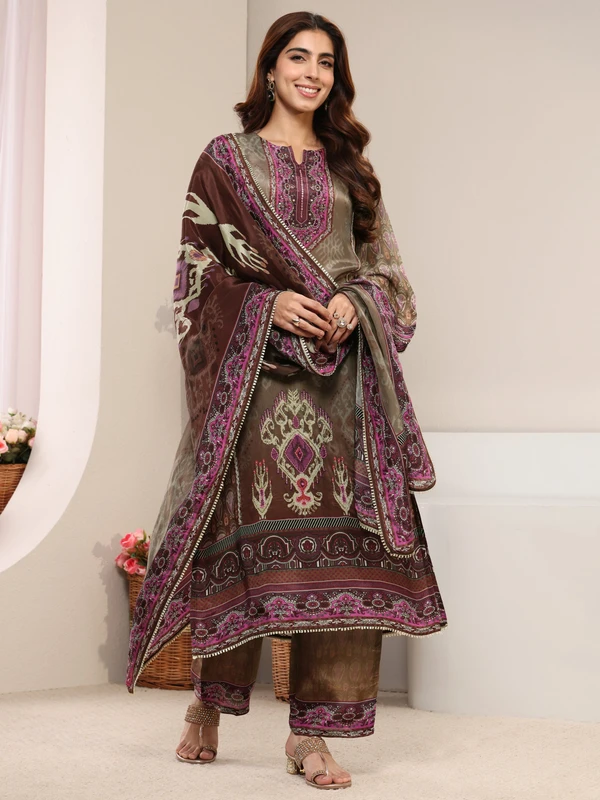 Taupe Ethnic Printed Crepe Straight Suit Set With Dupatta