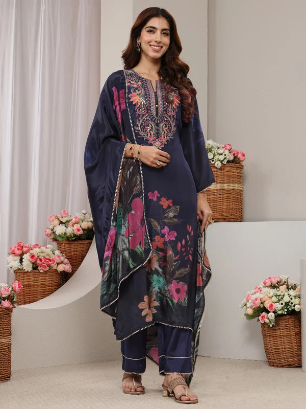 Navy Blue Floral Embroidered Crepe Straight Suit Set With Dupatta