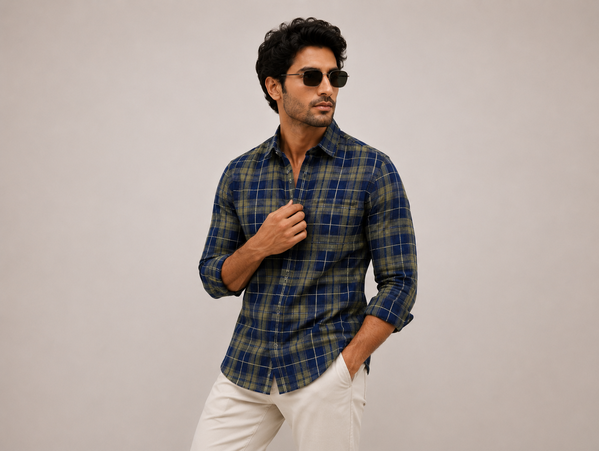 Navy Olive Heritage Check Cotton Shirt