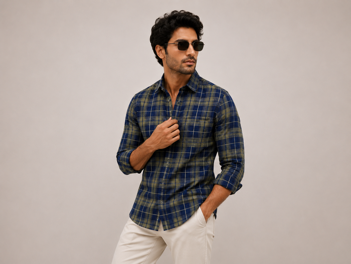 Navy Olive Heritage Check Cotton Shirt