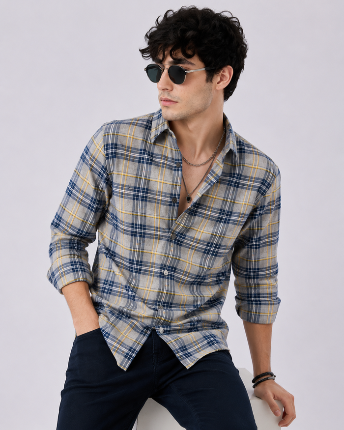 Ash Grey & Blue Checked Casual Shirt