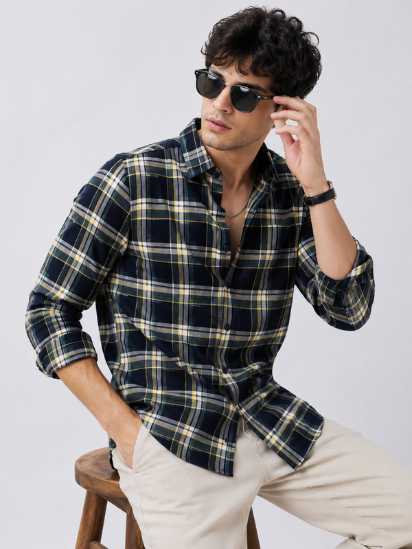 Navy Gold Plaid Premium Cotton Shirt