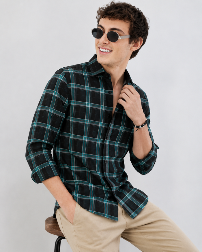 Black Teal Premium Checked Shirt