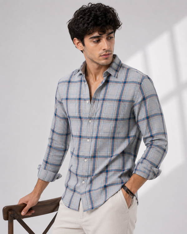 Light Grey Multi Check Linen Blend Shirt