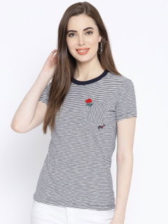 HARBORNBAY Women Navy Blue & White Striped Round Neck T-shirt