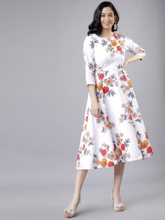 Tokyo Talkies Women Off-White & Pink Floral Print Fit and Flare Dress