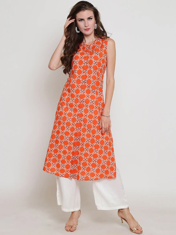 Sera Women Orange & White Printed Kurta with Palazzos
