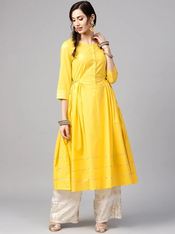 Tulsattva Women Yellow & Beige Solid A-Line Kurta