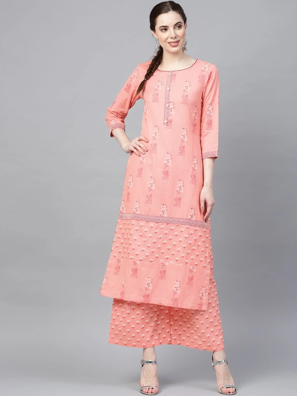 Ishin Women Pink & White Block Print Kurta with Palazzos