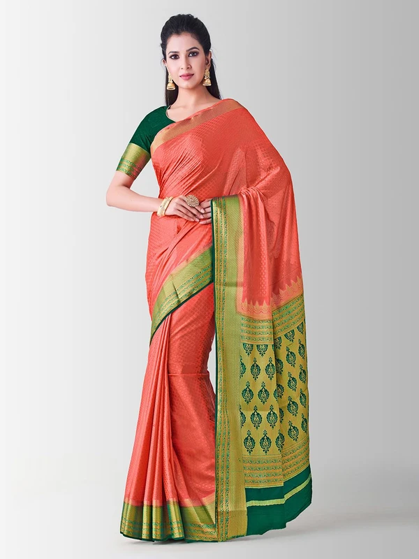 MIMOSA Coral Pink Poly Crepe Checked Kanjeevaram Saree