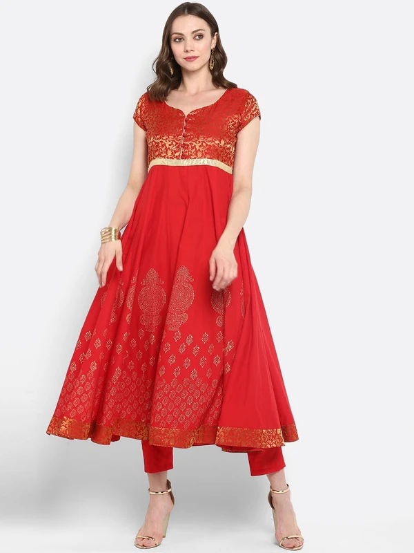 MBE Women Red & Gold-Coloured Block Print A-Line Kurta