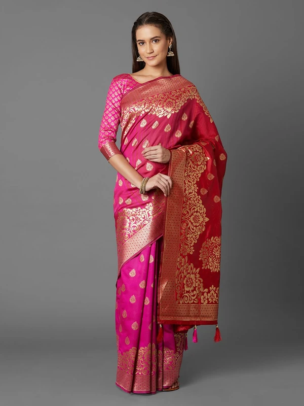 Mitera Pink & Red Silk Blend Woven Design Kanjeevaram Saree
