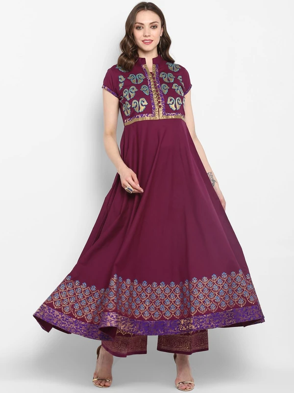 MBE Women Burgundy Block Print A-Line Kurta