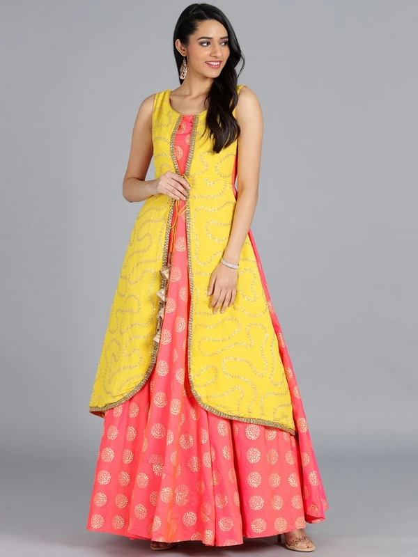 EthnoVogue Women Coral Pink & Yellow Printed Made to Measure Printed Maxi Dress