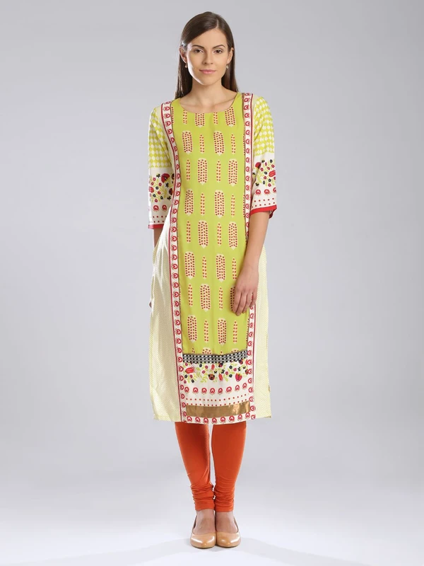 W Off-White & Lime Green Printed Kurta