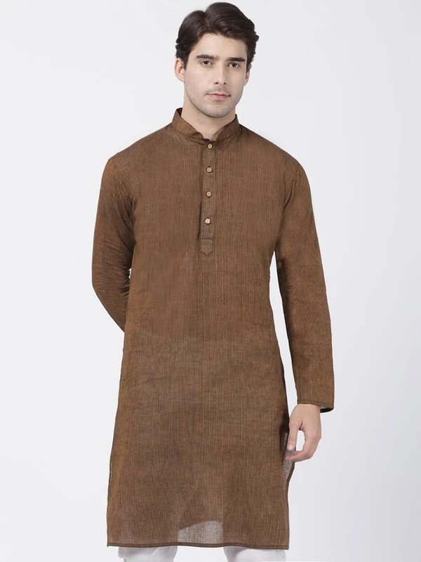 VASTRAMAY Men Coffee Brown Striped Straight Kurta