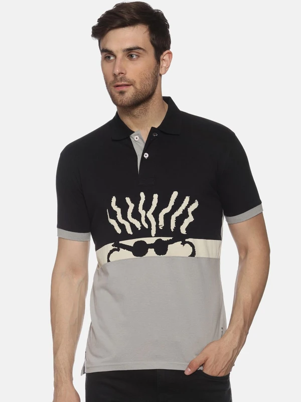 FIDO DIDO Men Grey & Black Printed Colourblocked Polo Collar T-shirt