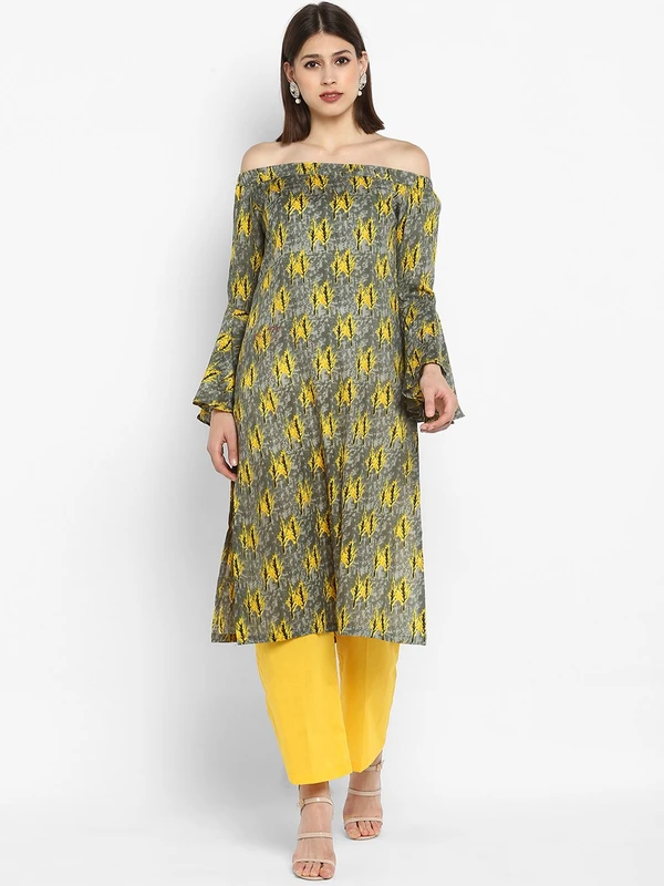 MBE Women Green & Yellow Printed Off-Shoulder Straight Kurta