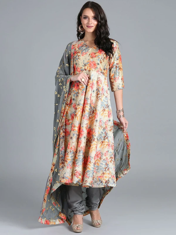 EthnoVogue Women Beige & Grey Made to Measure Custom Made Kurta Set with Jacket