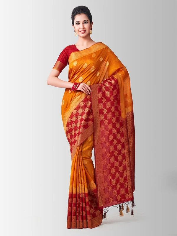 MIMOSA Rust Red & Yellow Art Silk Woven Design Kanjeevaram Saree