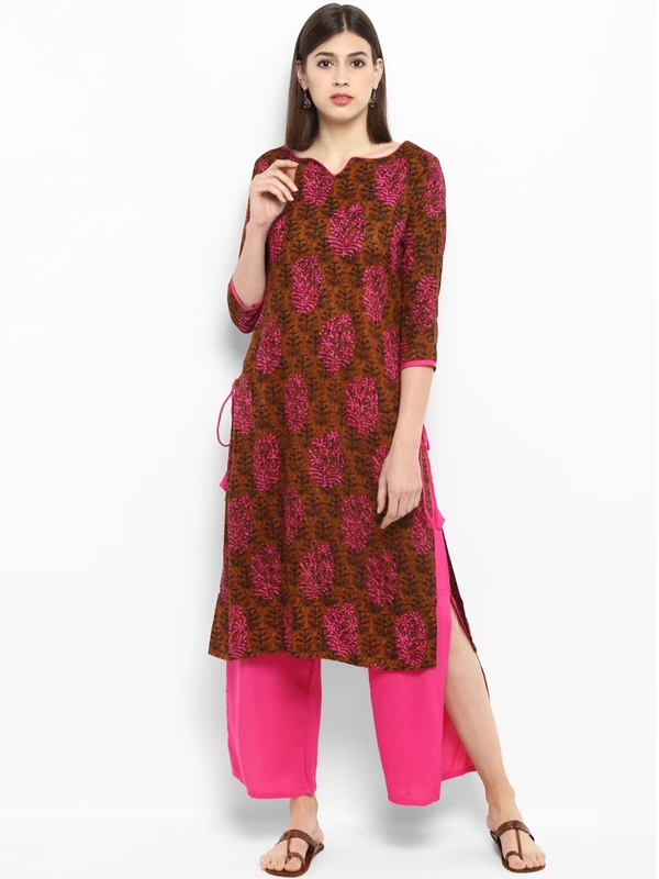 MBE Women Brown & Pink Printed Straight Kurta