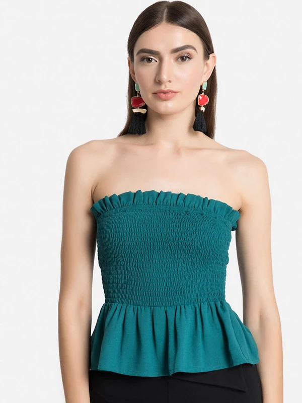 Kazo Women Green Smocked Peplum Top