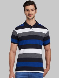 Parx Men Blue Striped Polo Collar T-shirt