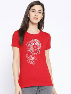 HARBORNBAY Women Red & Silver Printed Round Neck T-shirt