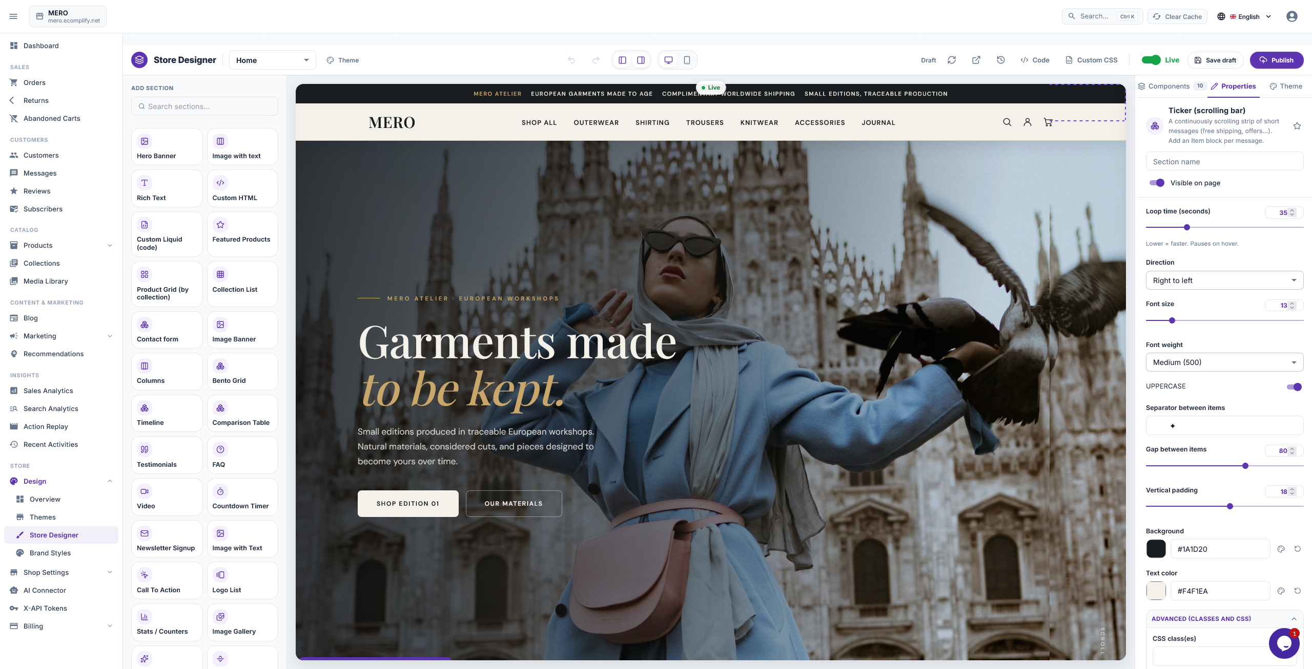 Ecomplify store customization dashboard