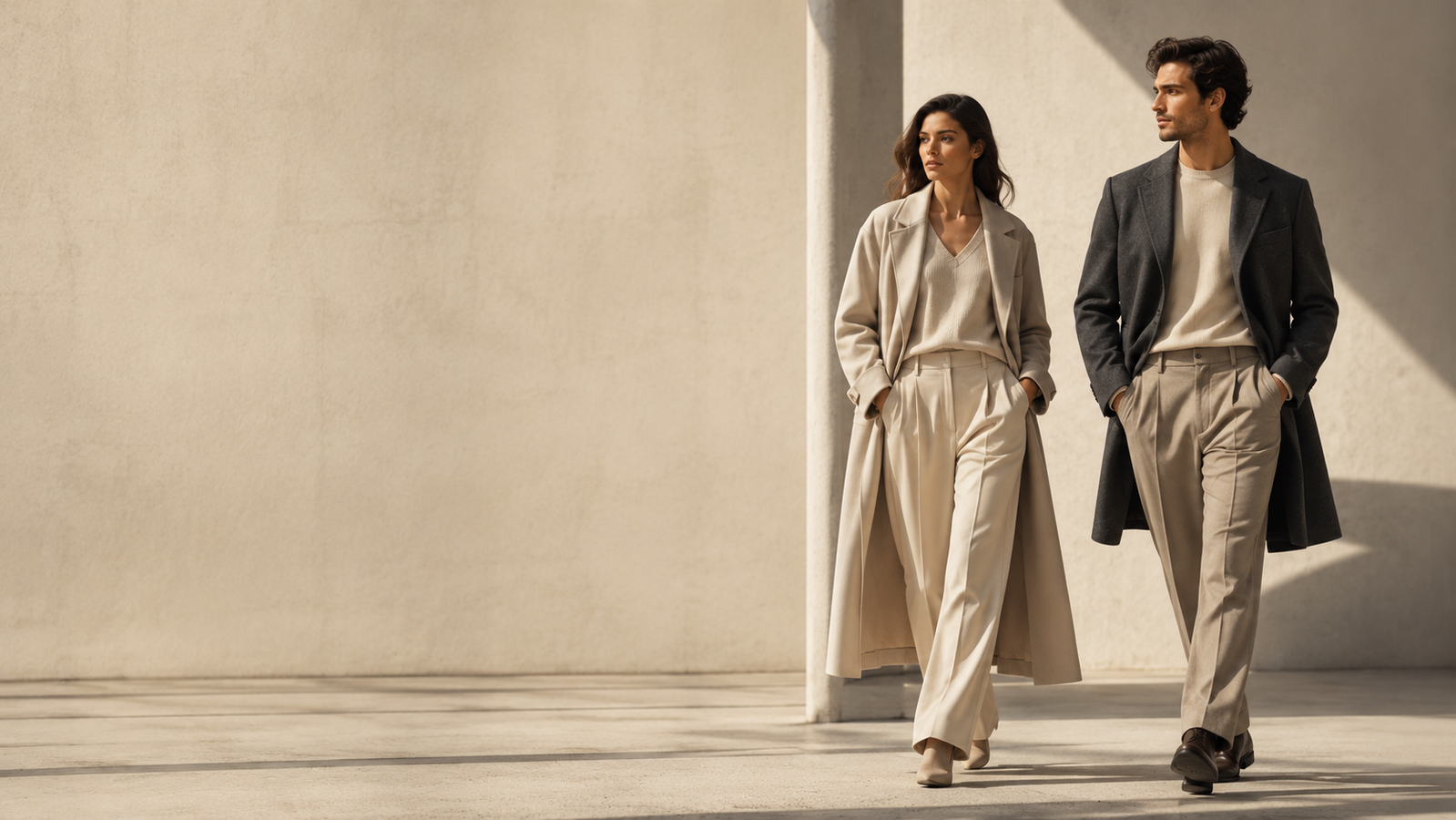 Two models walking through a sunlit space