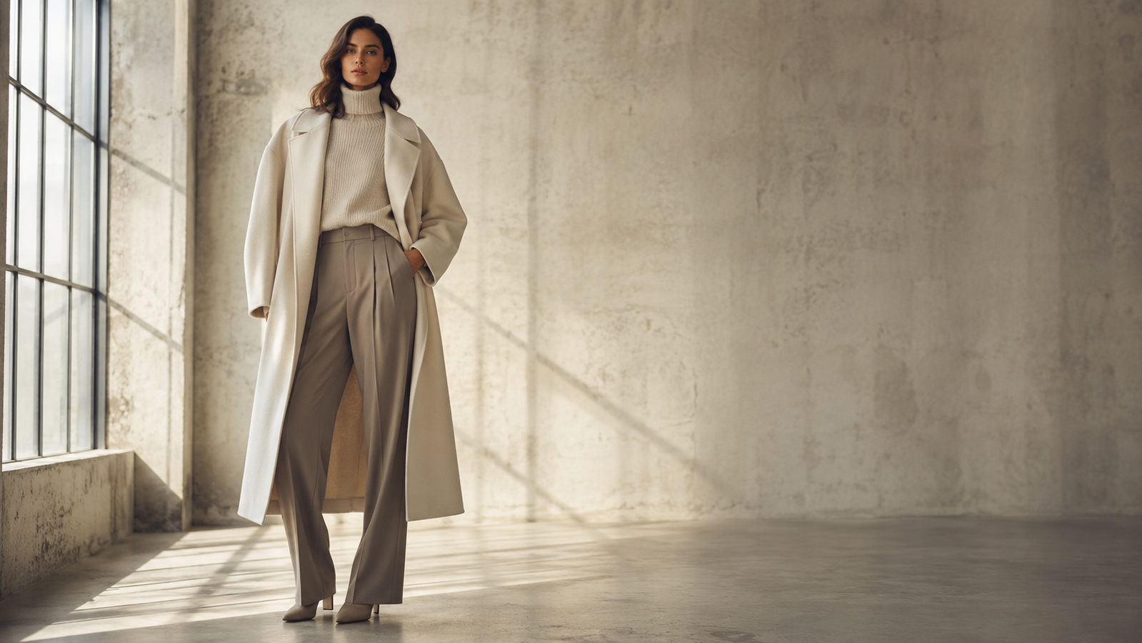 Model in a cream wool coat in a sunlit minimalist loft