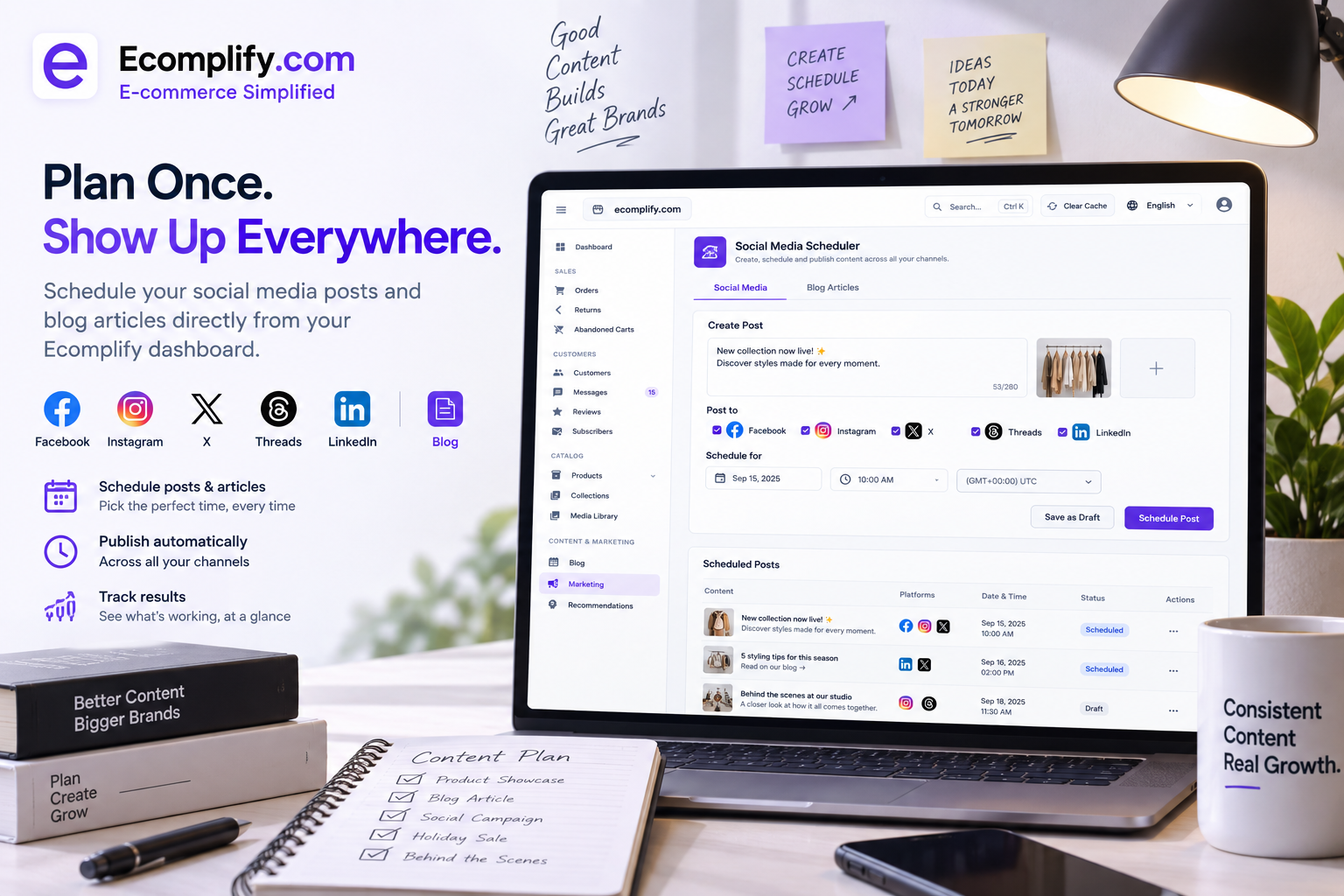 Plan Once, Publish Everywhere: Social Media and Blog Post Scheduling Arrive in Ecomplify