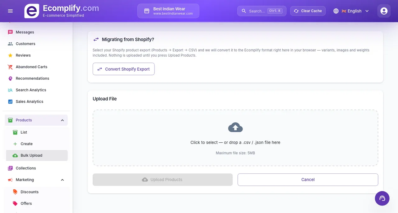 Bulk Upload — Ecomplify dashboard