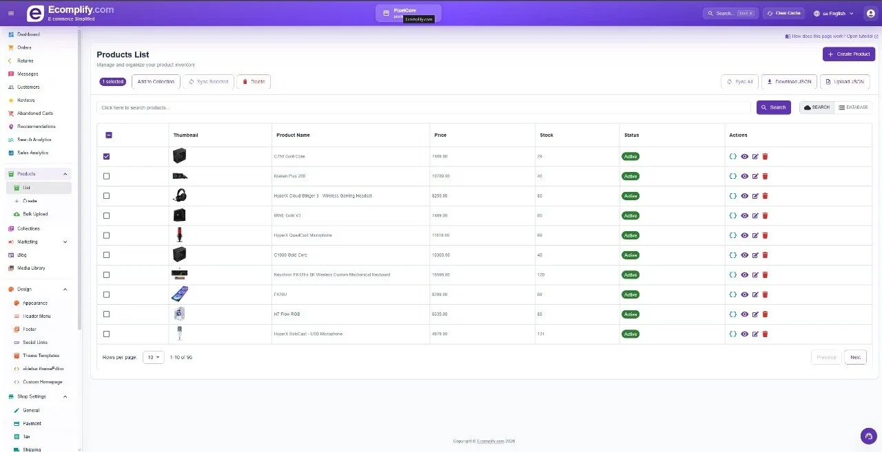 Product Management — Ecomplify dashboard