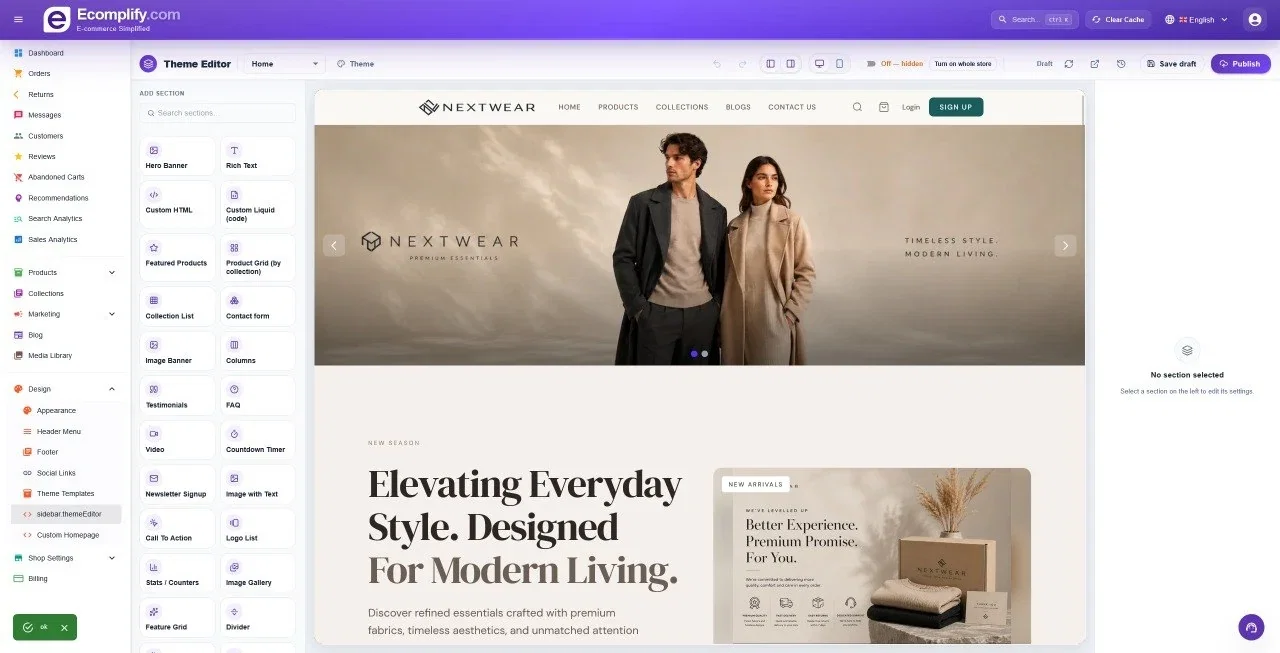 Visual Theme Editor — Ecomplify dashboard