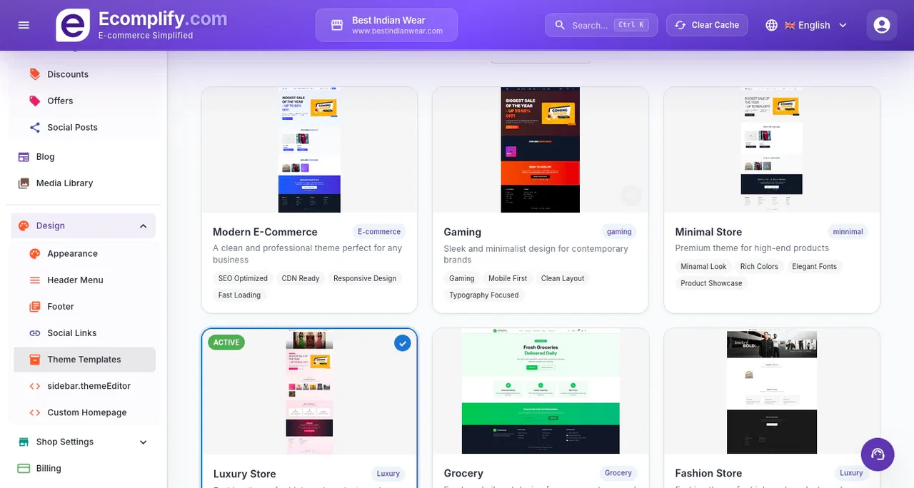 Prebuilt Theme Templates — Ecomplify dashboard