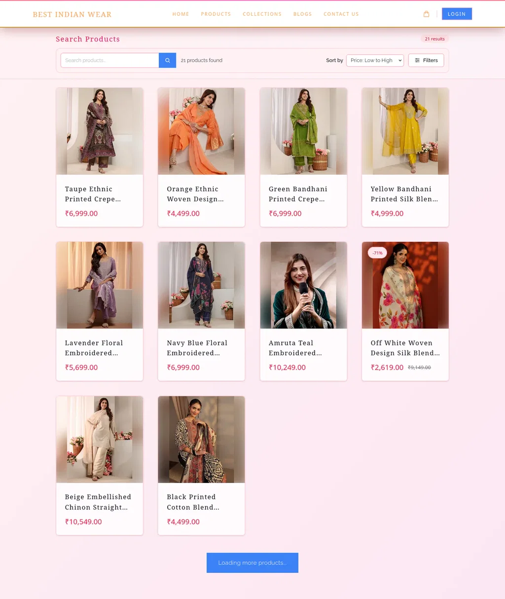 Best Indian Wear product search page — live Ecomplify demo store