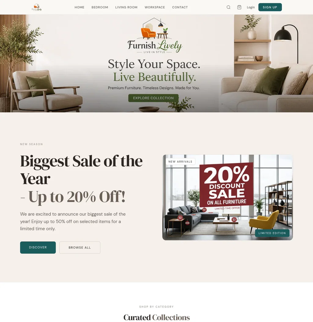 FurnishLively — Home & Furniture storefront homepage, a live demo store built on Ecomplify