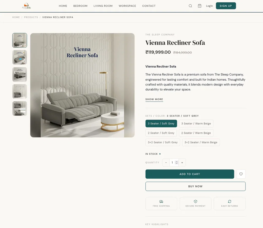 FurnishLively product detail page — live Ecomplify demo store