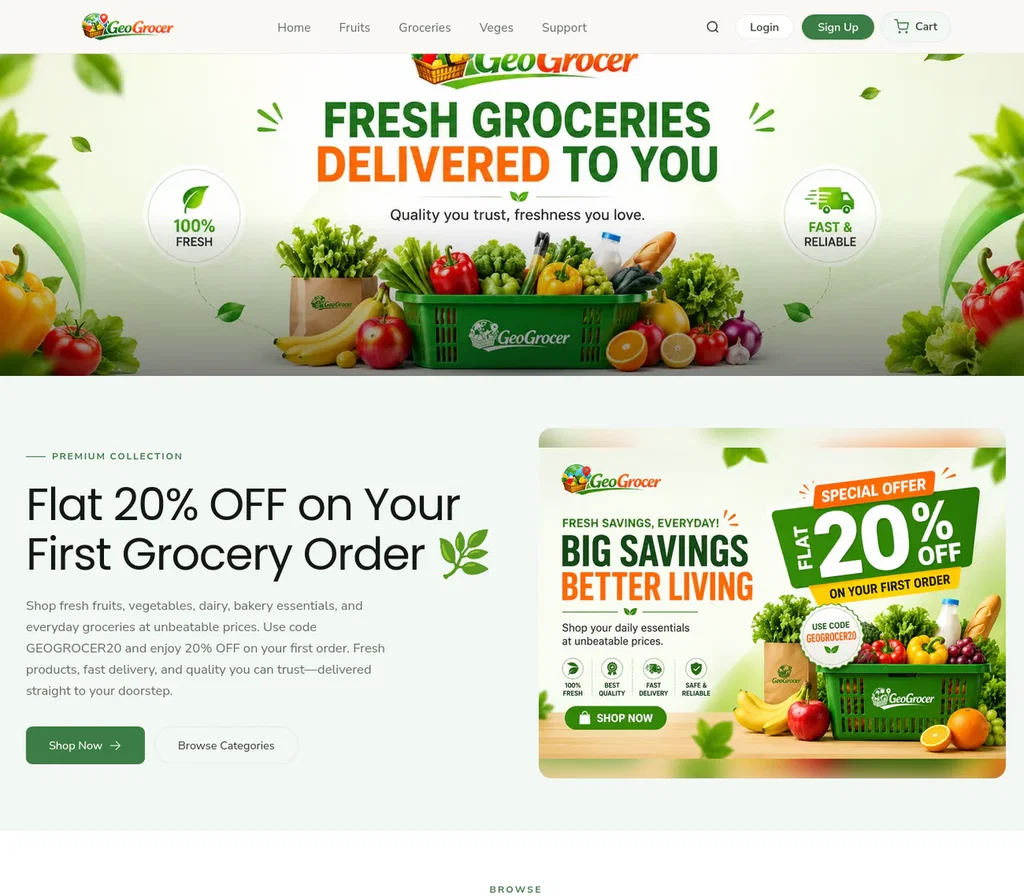 GeoGrocer — Grocery & Fresh Food storefront homepage, a live demo store built on Ecomplify