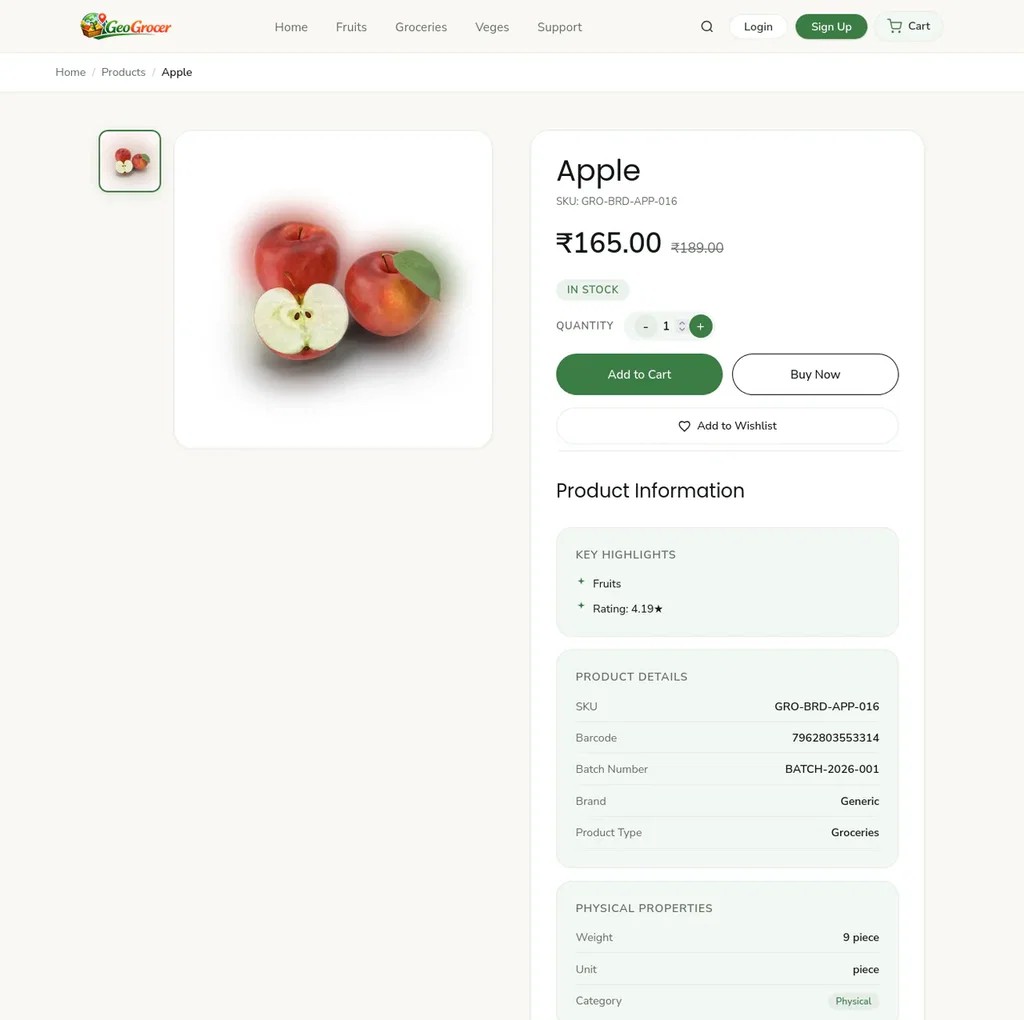 GeoGrocer product detail page — live Ecomplify demo store