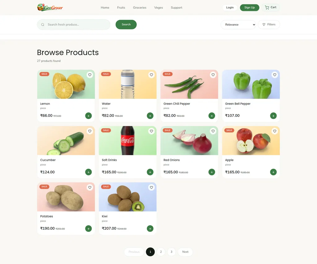GeoGrocer product search page — live Ecomplify demo store