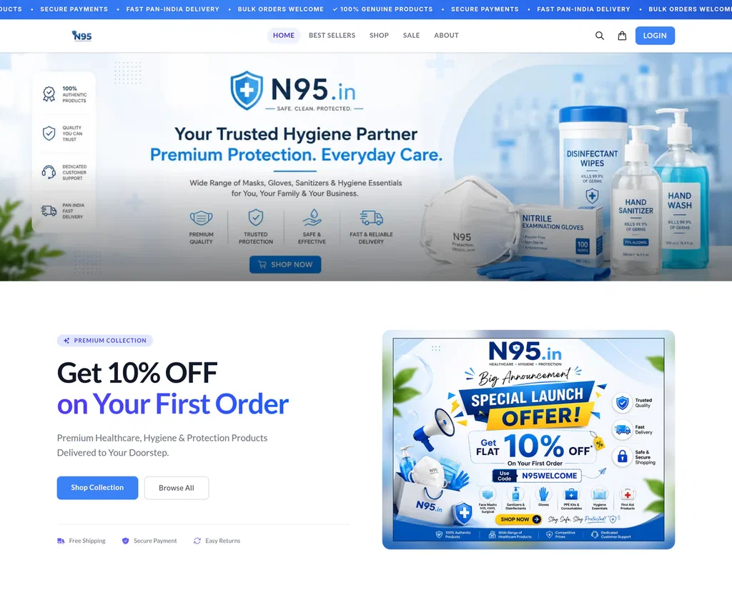 N95 — Health & Personal Care storefront homepage, a live demo store built on Ecomplify